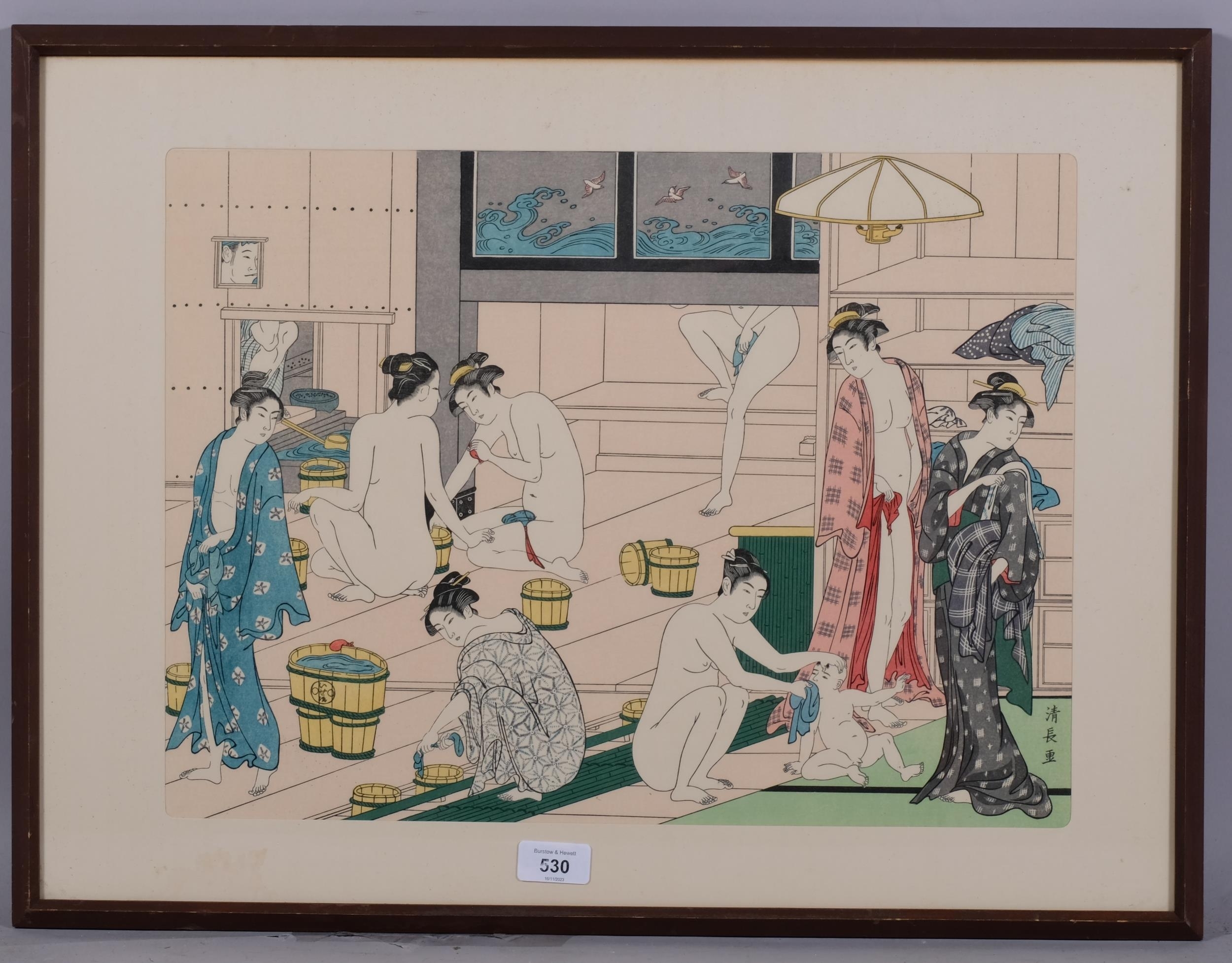 Artwork by Torii Kiyonaga, Interior of a Women’s Bath House Where a New Customer Has Just Arrived, Made of woodcut in colours on paper
