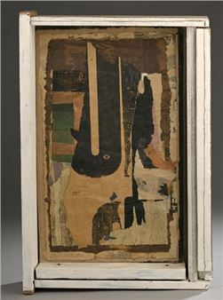 Arthur AESCHBACHER (1923-2020)
Untitled, 1960
Collage of torn posters on canvas board, signed lower right and dated lower left.
32 x 20 cm approx. Framed 37 x 25 x 8 cm
Unusual frame in an old wooden drawer, attributed to Robert Saint-Cricq (1924-2020). - Arthur Aeschbacher