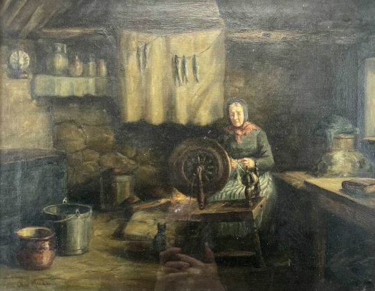 interior scene with woman seated by spinning wheel by Chris Meadows