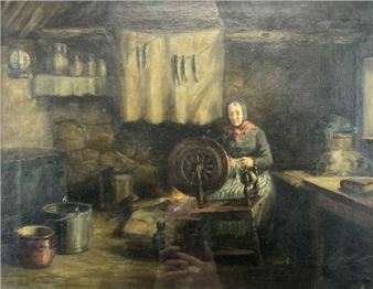 interior scene with woman seated by spinning wheel - Chris Meadows