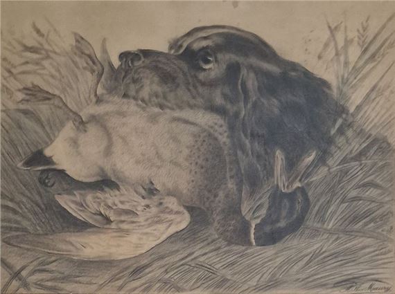 Arthur Maury | Spaniel bringing back a mallard GRAPHITE AND COLORED ...
