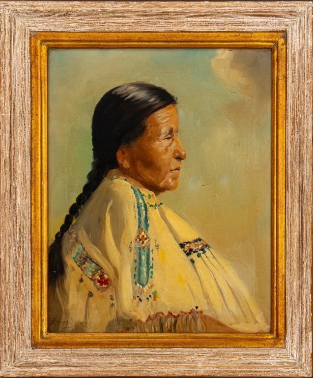 A pair of framed oil portraits depicting two figures in traditional attire.