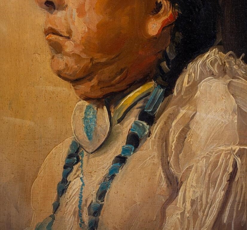 A pair of framed oil portraits depicting two figures in traditional attire.