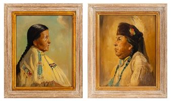 A pair of framed oil portraits depicting two figures in traditional attire.