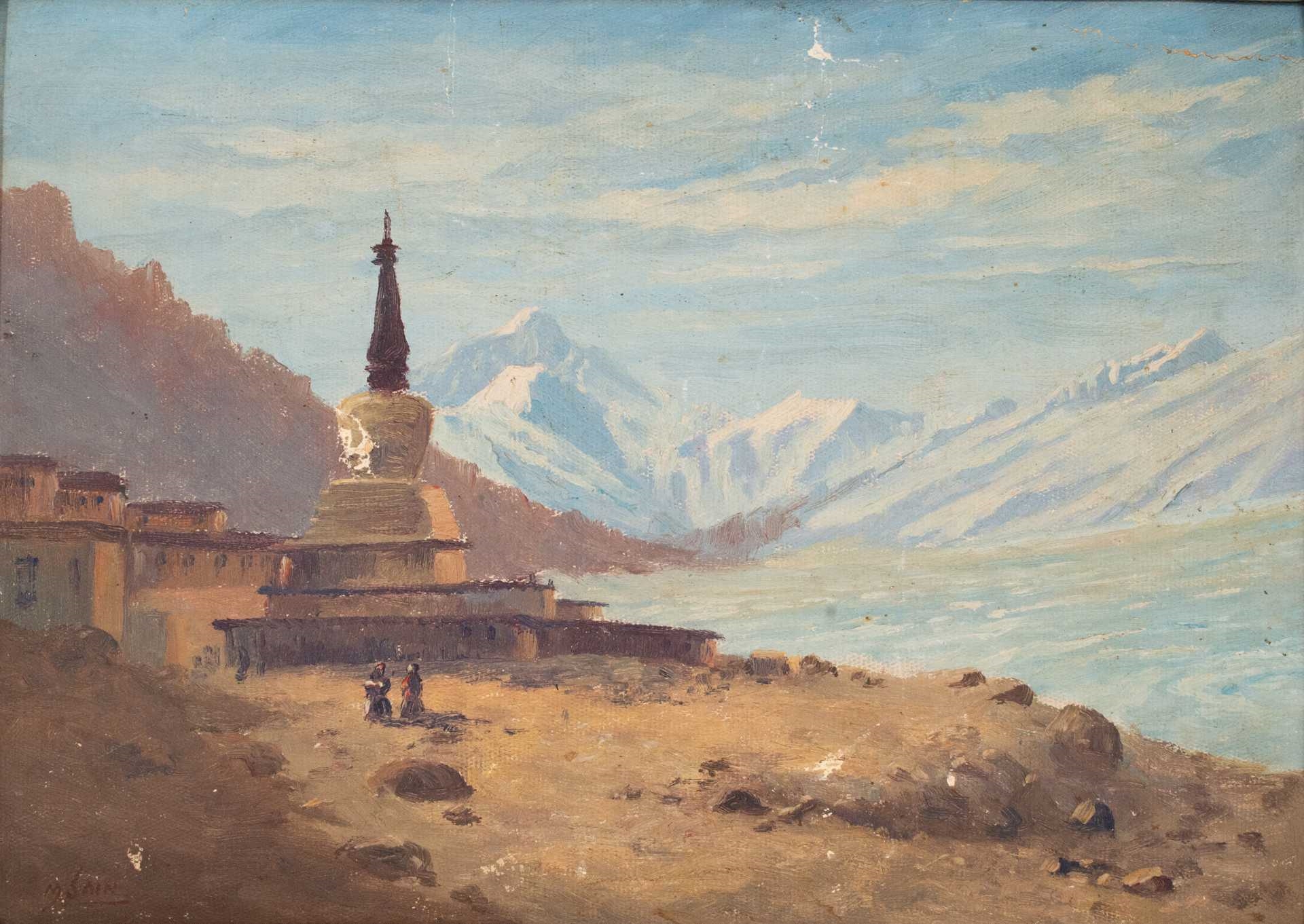 Artwork by M. Sain, Mt Everest & Rongbuk Monast, Made of Oil on canvas panel