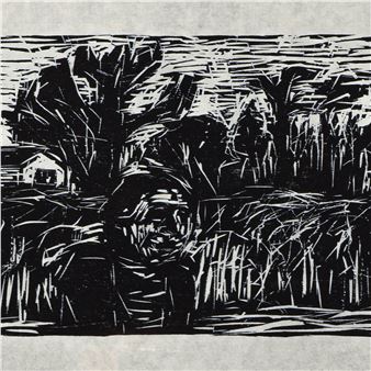 expressive LANDSCHAFT MIT BÄUMEN UND HAUS (1974) - Hans-Peter Hund