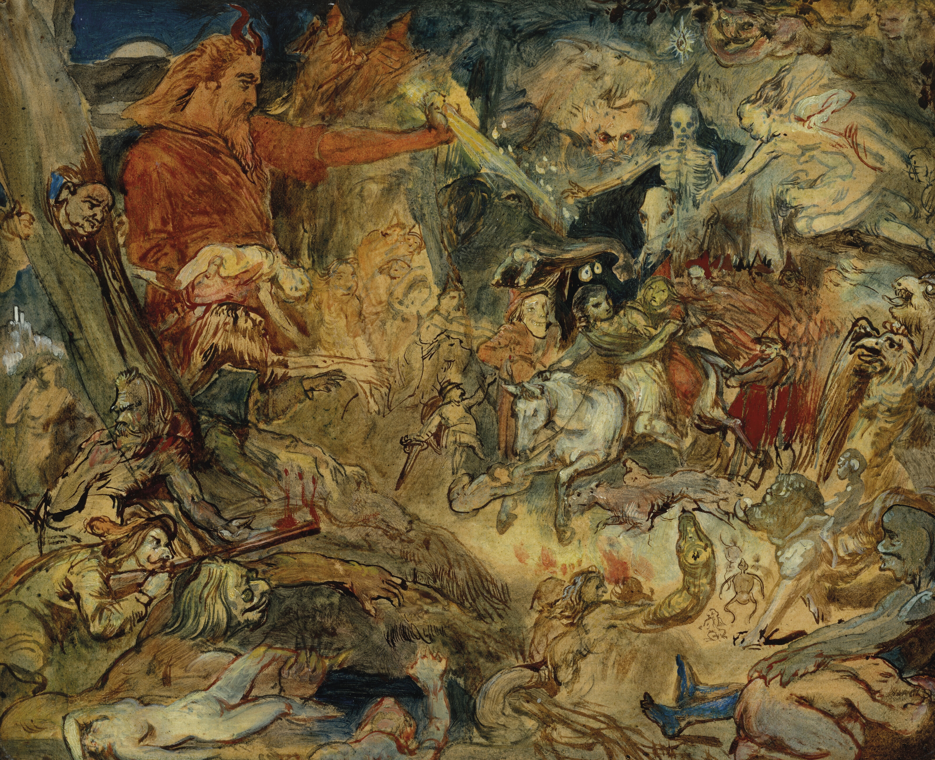 Artwork by Theodore von Holst, The Witches' Sabbath (Walpurgisnacht), Made of watercolour and bodycolour on paper
