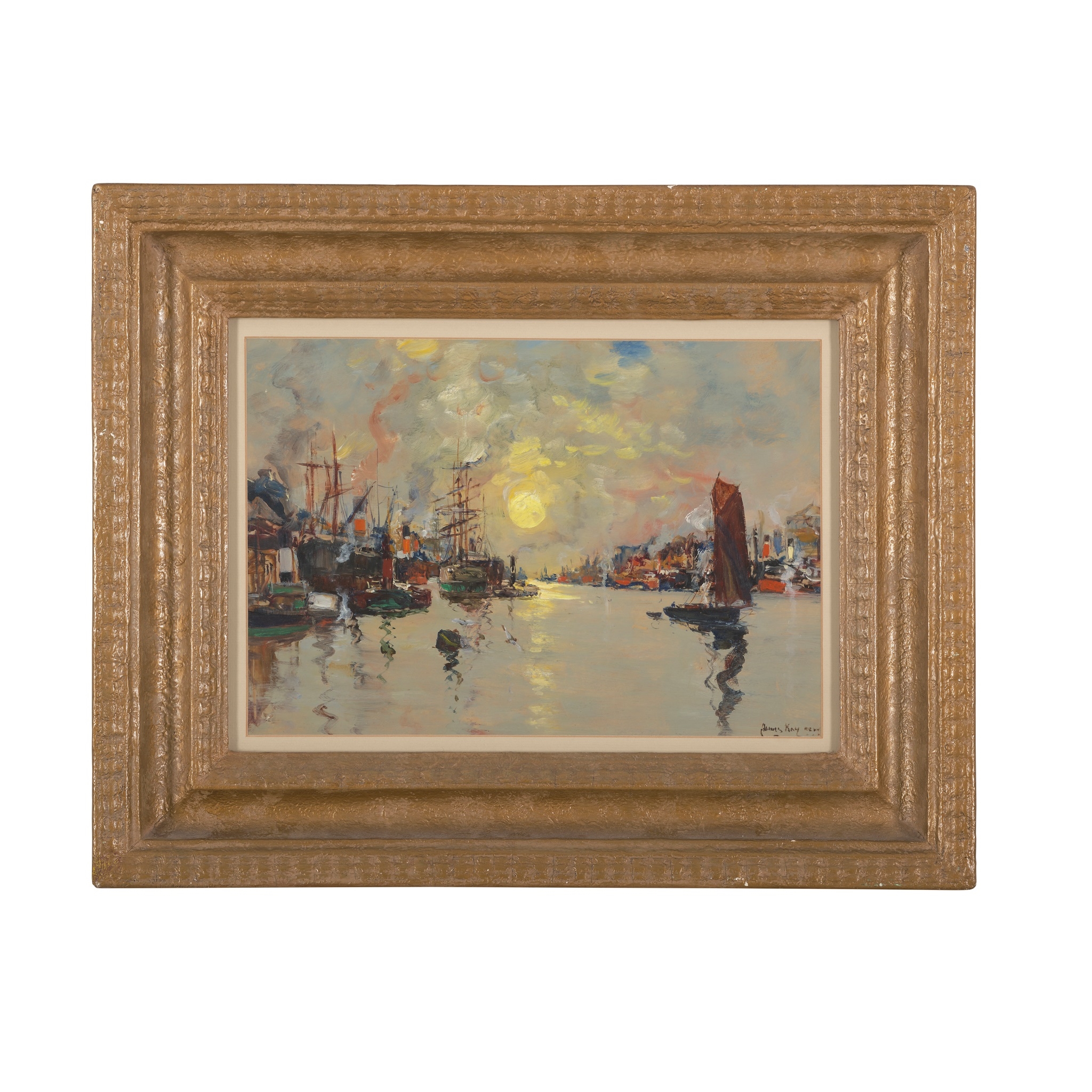 Artwork by James Kay, SUNSET ON THE CLYDE, Made of oil on board