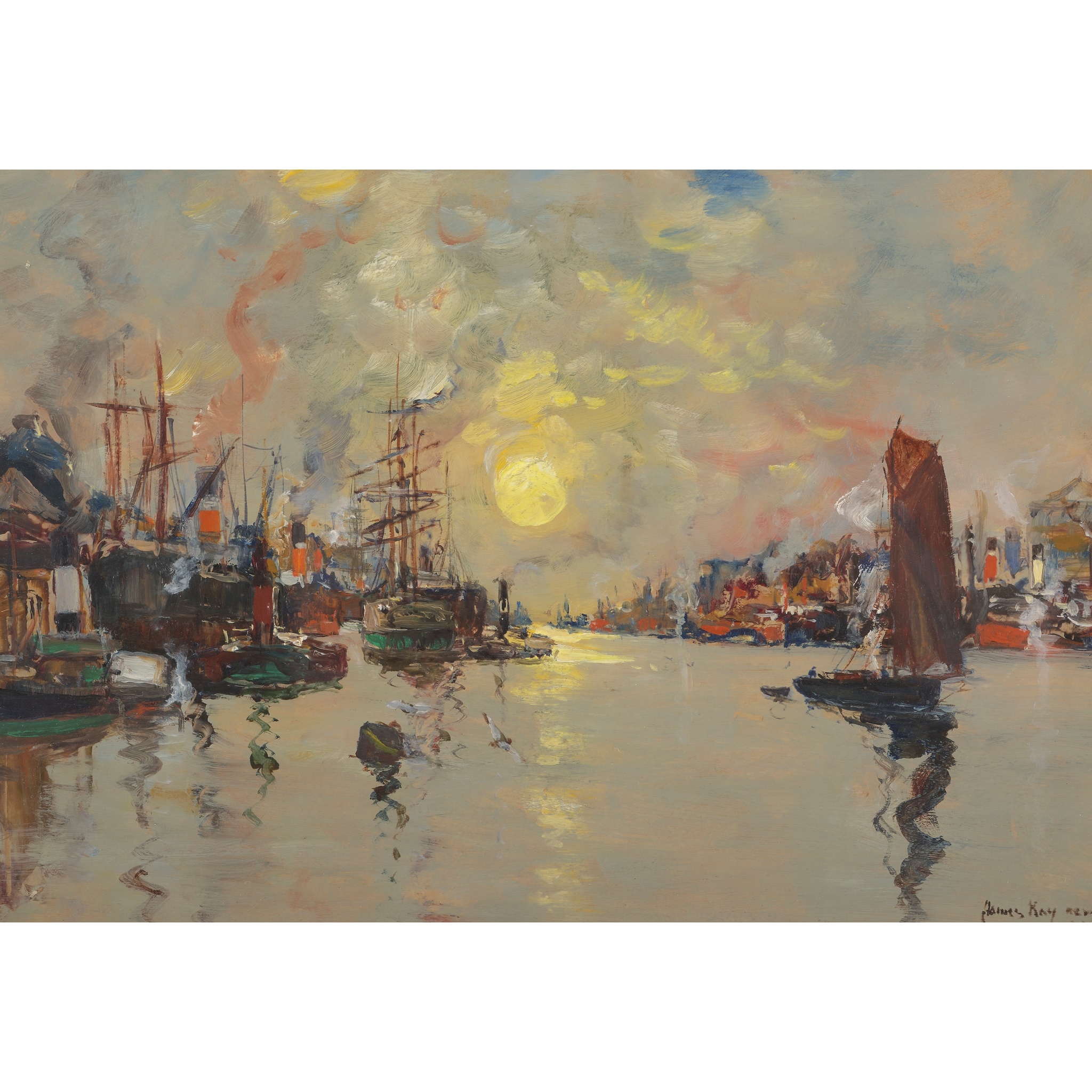 Artwork by James Kay, SUNSET ON THE CLYDE, Made of oil on board