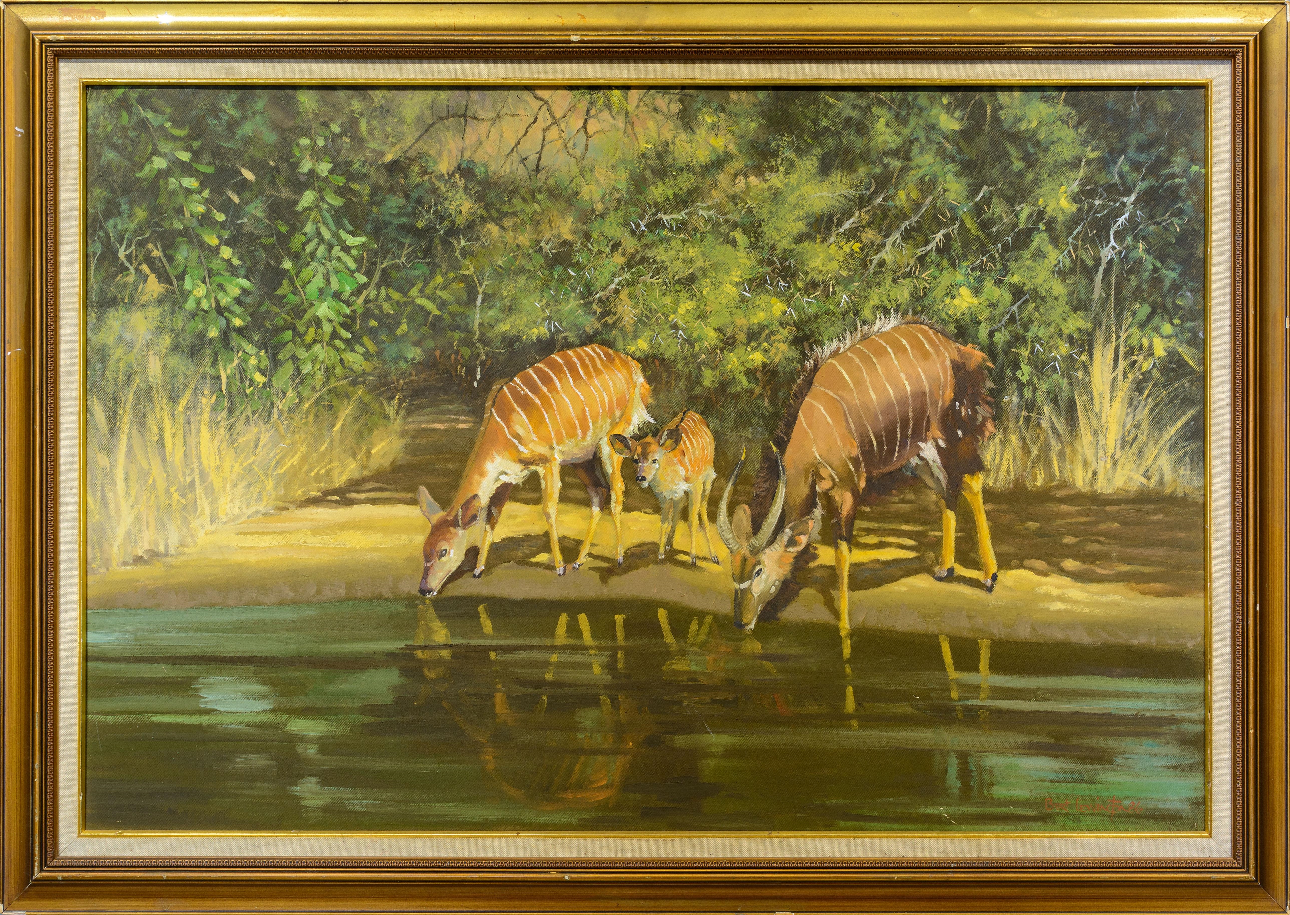Artwork by Bert Lewington, Nyala at a Watering Hole, Made of Oil