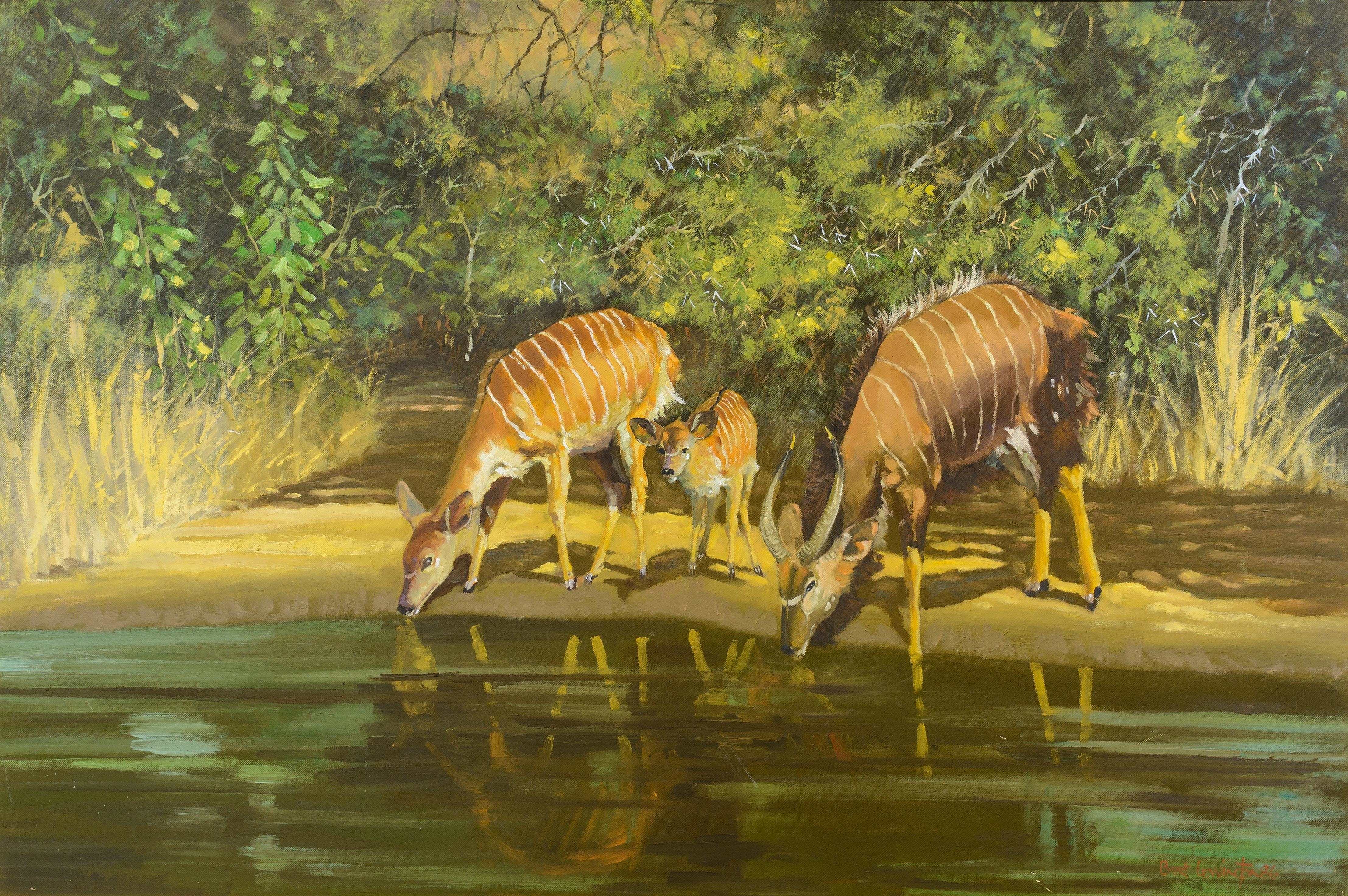 Artwork by Bert Lewington, Nyala at a Watering Hole, Made of Oil