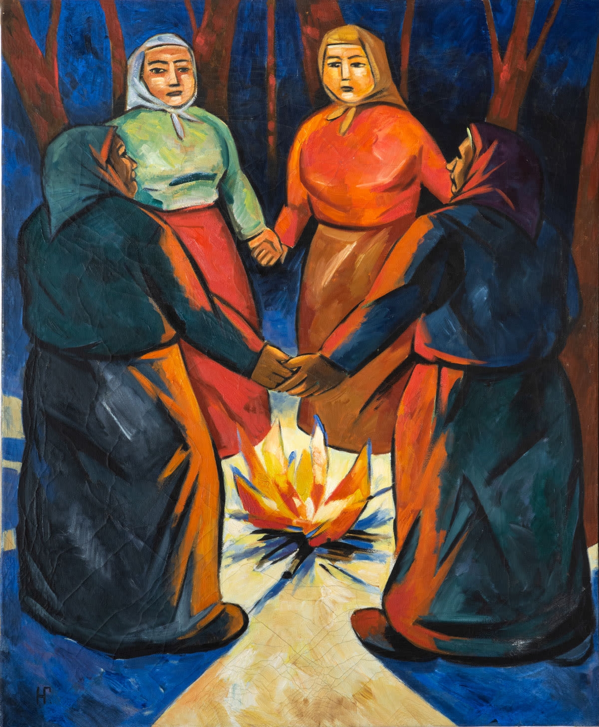 Artwork by Natalia Goncharova, Around the Fire, Made of Oil on canvas