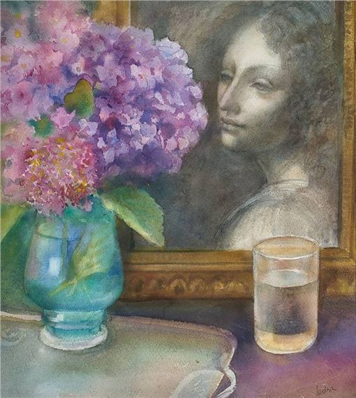 Stilleben mit Hortensien, Portrait und Glas - Irina Levina