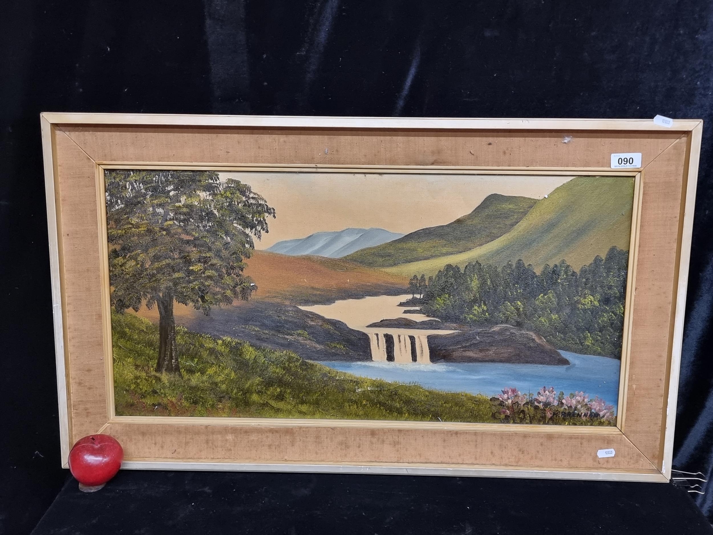 Artwork by M. Brennan, Featuring a waterfall landscape and mountains, Made of original oil on canvas painting