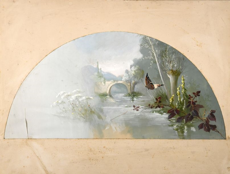 Artwork by Marie-louis Delbarre LE Besques, Papillon sur la rivière, Made of gouache sur papier