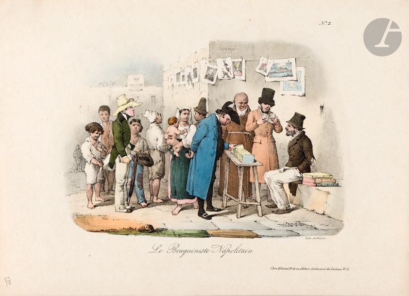 Artwork by Carl Gustaf Hjalmar  Mörner, The Neapolitan Bouquiniste. (Pl. 2 from the series Scènes populaires de Naples en douze Tableaux)., Made of Lithograph, on cream vellum
