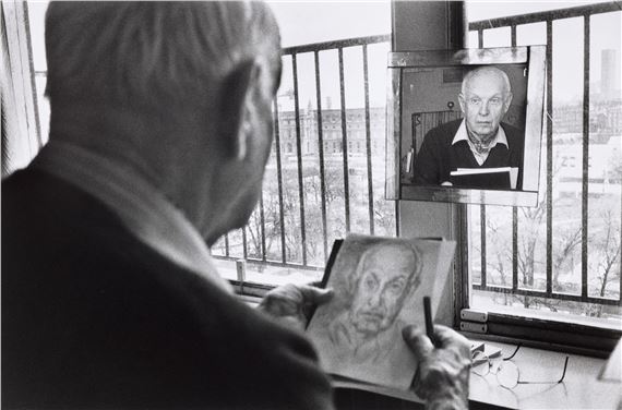 Henri Cartier-Bresson Dessinant un Autoportrait, Paris by Martine Franck, 1992