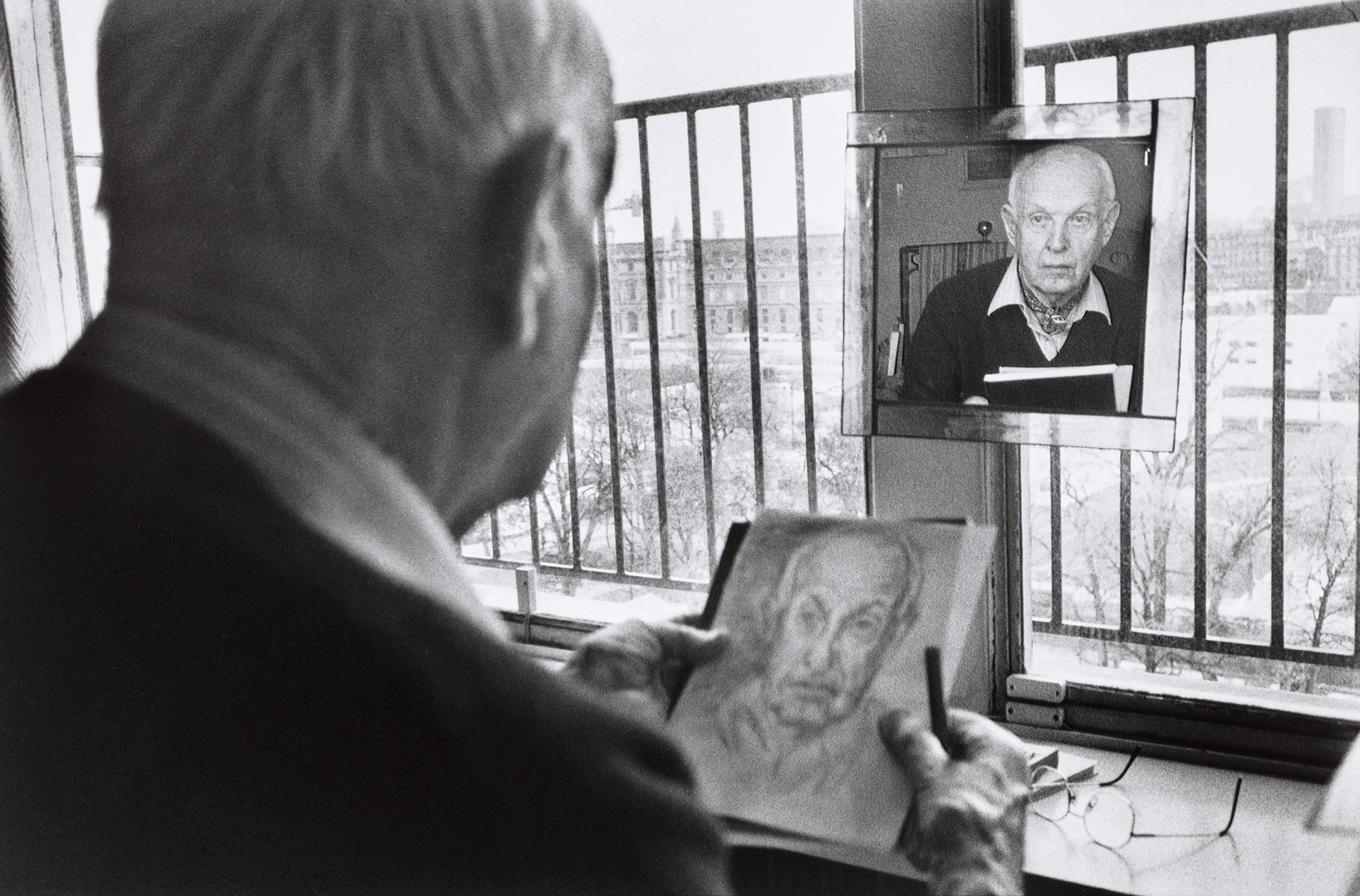 Artwork by Martine Franck, Henri Cartier-Bresson Dessinant un Autoportrait, Paris, Made of Gelatin silver print,