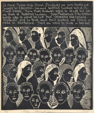 St Mary's Mission High School Students are very Thirsty by John Ndevasia Muafangejo, dated 1973