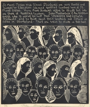 Artwork by John Ndevasia Muafangejo, St Mary's Mission High School Students are very Thirsty, Made of linocut on paper