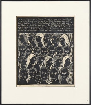 Artwork by John Ndevasia Muafangejo, St Mary's Mission High School Students are very Thirsty, Made of linocut on paper