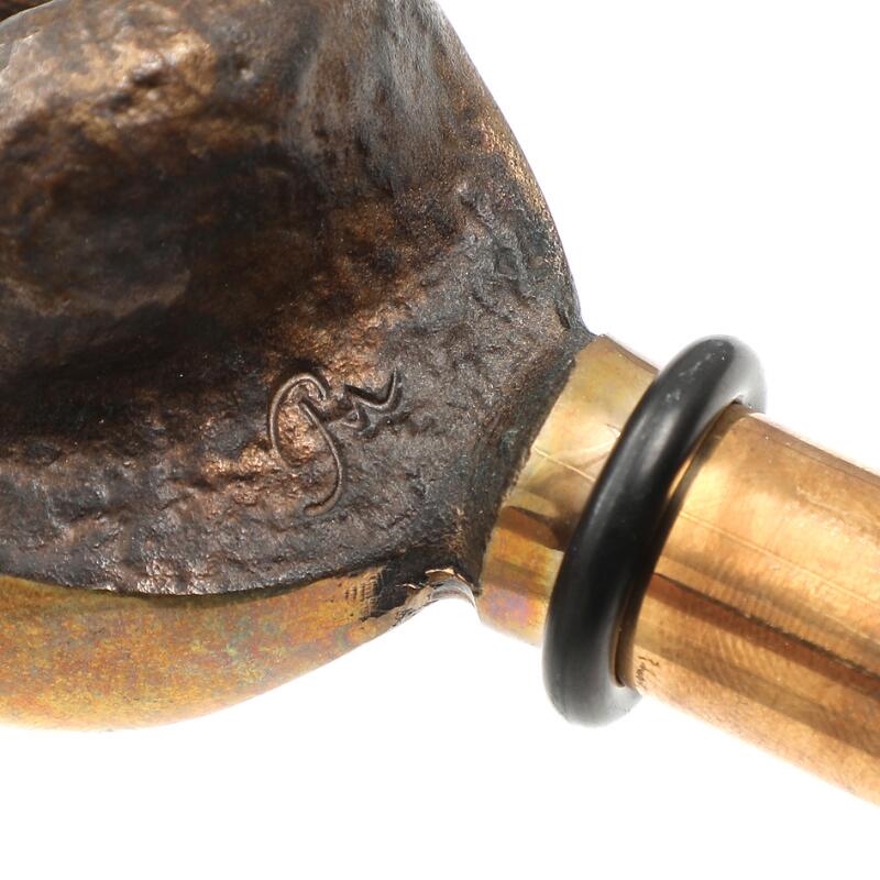 Artwork by Peter Hesk Møller, Two partly polished and patinated bronze wine stoppers on stands and a bronze double bowl, Made of polished and patinated bronze