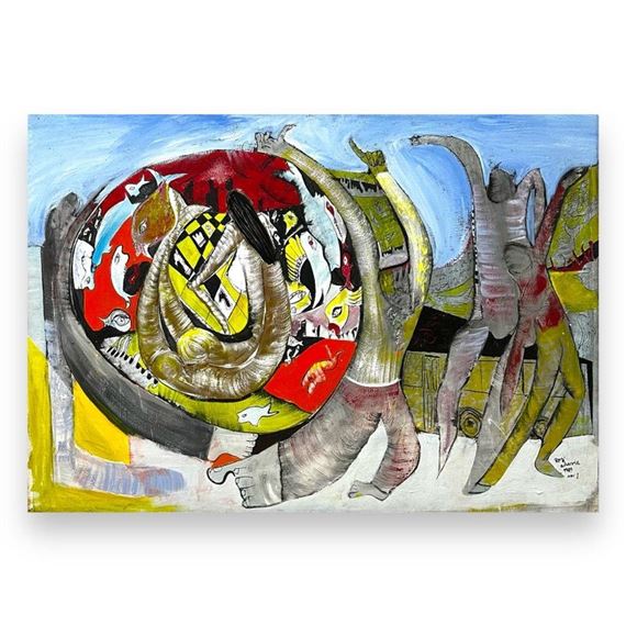 Abstract scene with figures, fish and chess board by Royi Akavia, November 1st, 1989