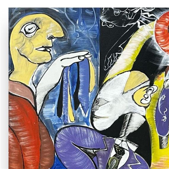 Abstract scene with figures and one man in a purple suit by Royi Akavia, January 20th, 1988