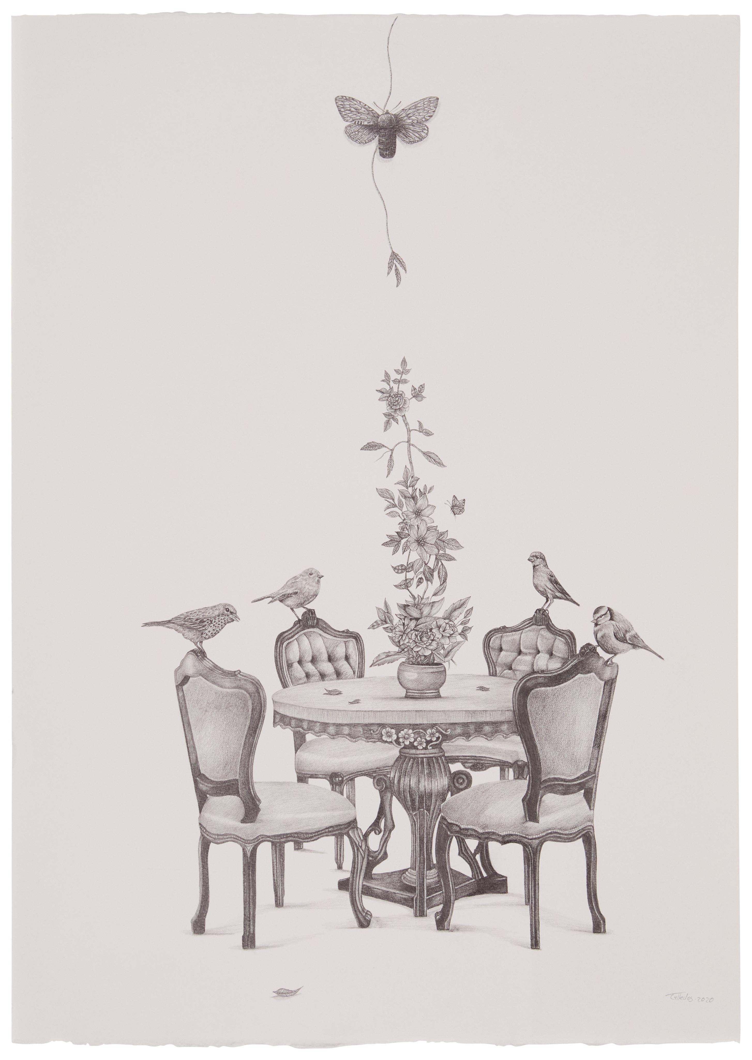Artwork by Eduardo Talledos, Table With Birds, Butterfly And Moth, Made of Pencil on wove paper