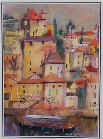 A watercolor painting of a riverside town with a boat in the foreground.