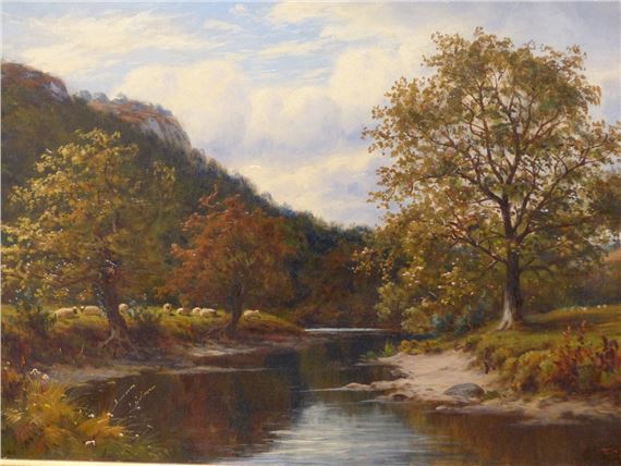 TREE LINED RIVER WITH SHEEP GRAZING by Thomas Spinks