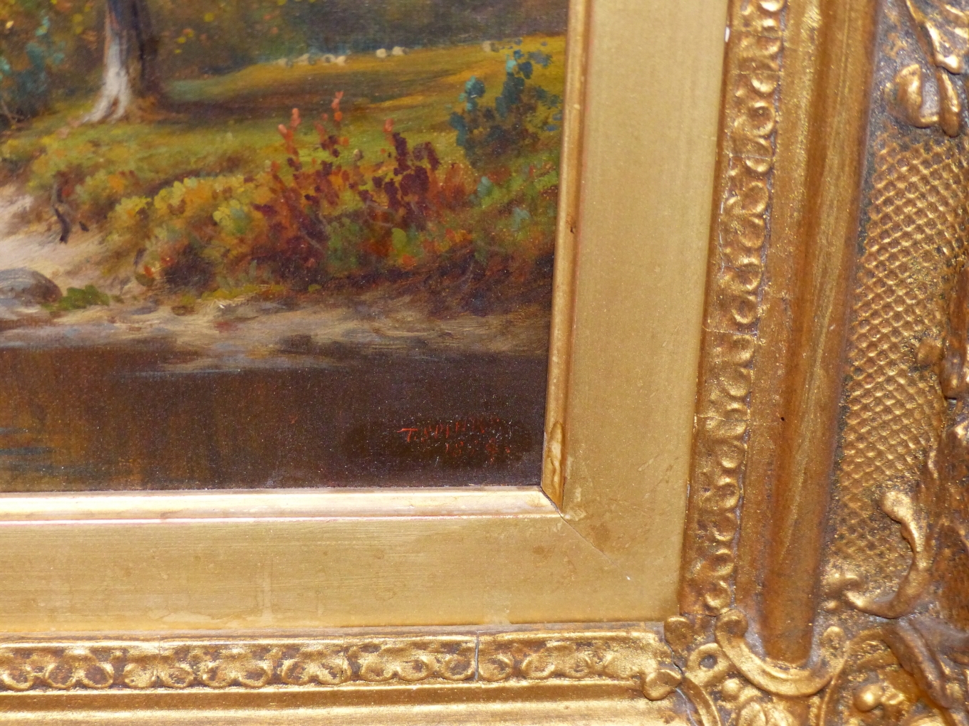 Artwork by Thomas Spinks, TREE LINED RIVER WITH SHEEP GRAZING, Made of OIL ON CANVAS