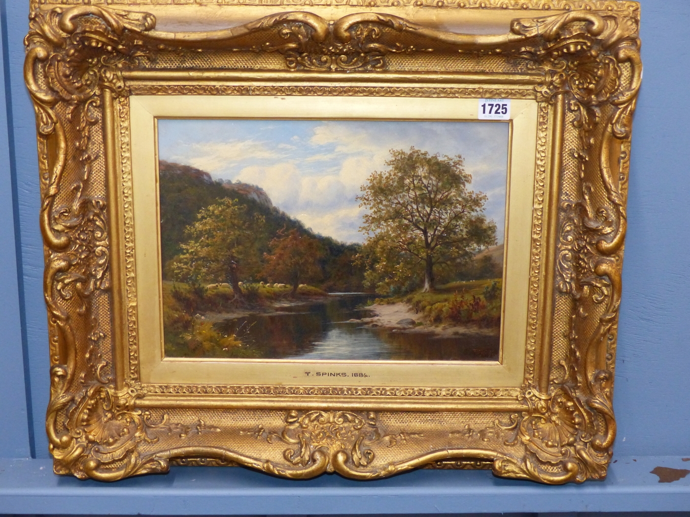 Artwork by Thomas Spinks, TREE LINED RIVER WITH SHEEP GRAZING, Made of OIL ON CANVAS
