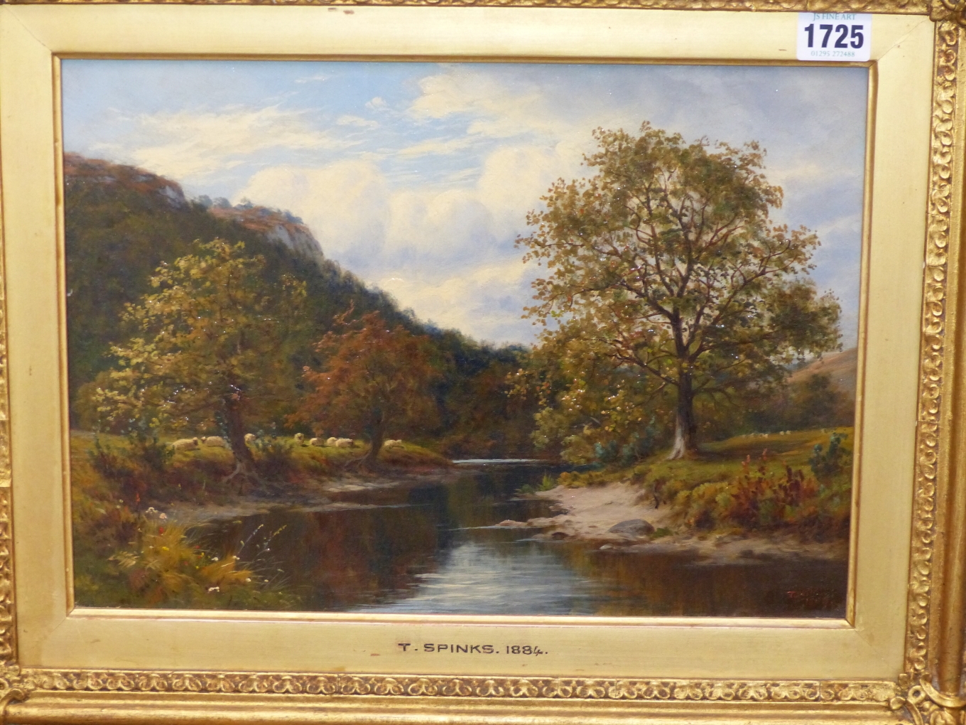 Artwork by Thomas Spinks, TREE LINED RIVER WITH SHEEP GRAZING, Made of OIL ON CANVAS