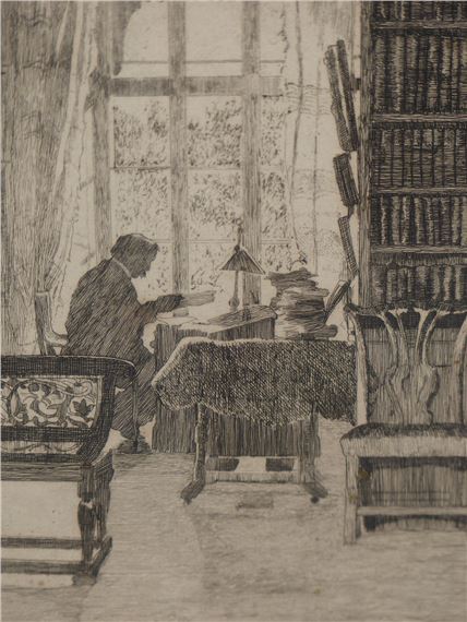 SIR EDMUND GOSS (THE ARTISTS FATHER ) IN HIS STUDY; GIRL COMBING HER HAIR IN THE MIRROR by Sylvia Gosse