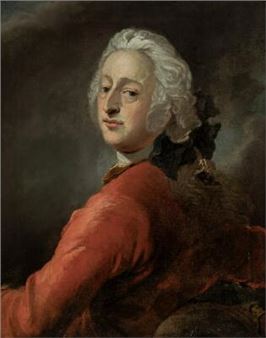 A formal portrait of a person with powdered hair and a red coat against a dark background.