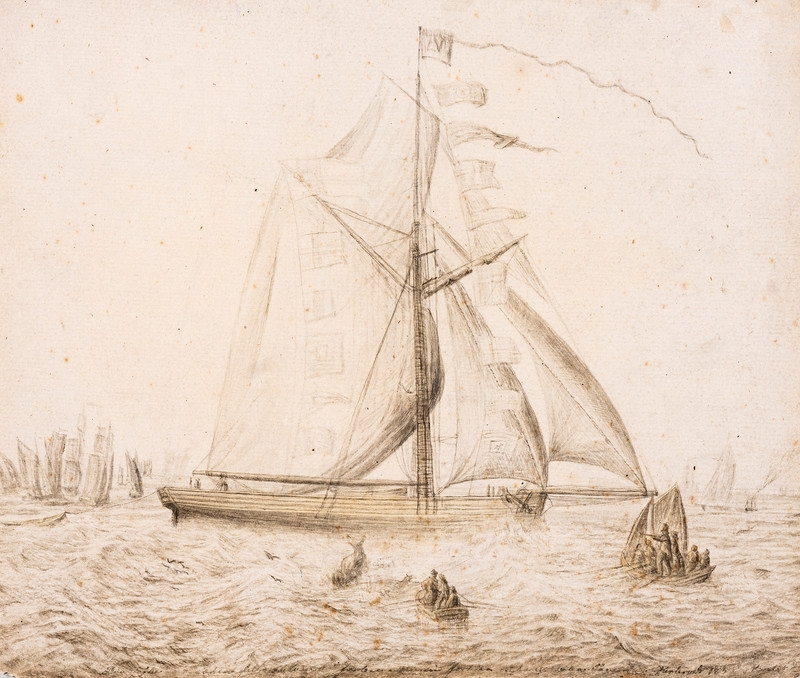 Ship and Coastal landscape by Lars Hertervig, 1858