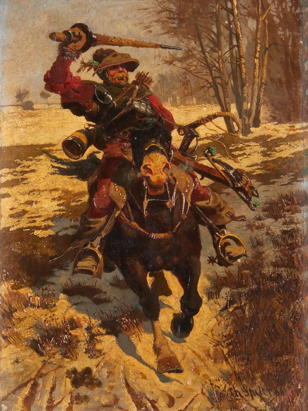 Artwork by Christian Speyer, Bewaffneter Reiter im Winter, Made of Oil on wood