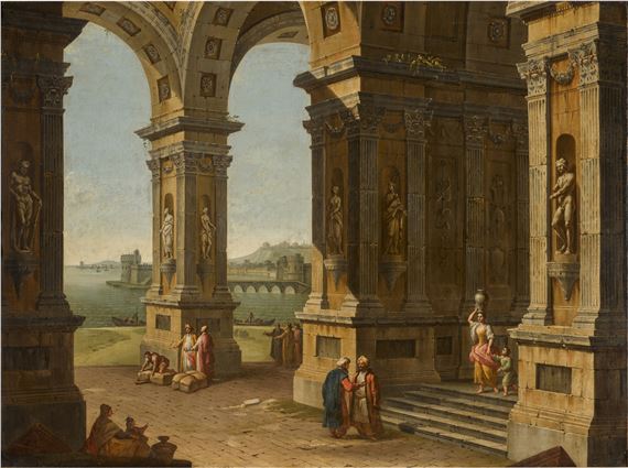 Architectural capriccio with figures in oriental dress, a Mediterranean port landscape in the background by Antonio Joli de Dipi