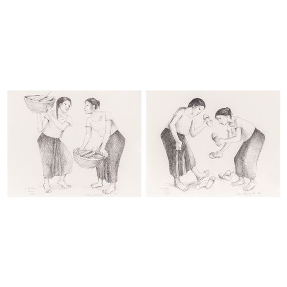 A lot of two prints - Two Women With Baskets (Fish Vendors) and Slippers