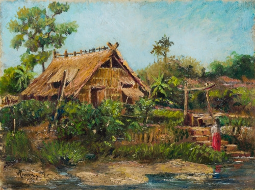 Artwork by Vicente Rivera y Mir, "Paisaje filipino con cabaña, rio y mujer", 1933, Made of oil on cardboard