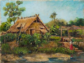 "Paisaje filipino con cabaña, rio y mujer", 1933 - Vicente Rivera y Mir