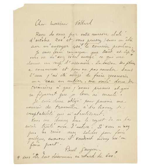 Autograph letter signed ('Paul Gauguin') to [Ambroise] Vollard, [Tahiti, c.November 1900] by Paul Gauguin, c.November 1900