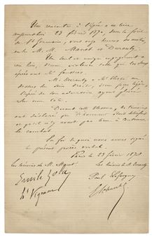 Document signed ('Emile Zola'), official record ('procès verbal') of the duel between Édouard Manet and Edmond Duranty, Paris, 23 February 1870 - Emile Zola
