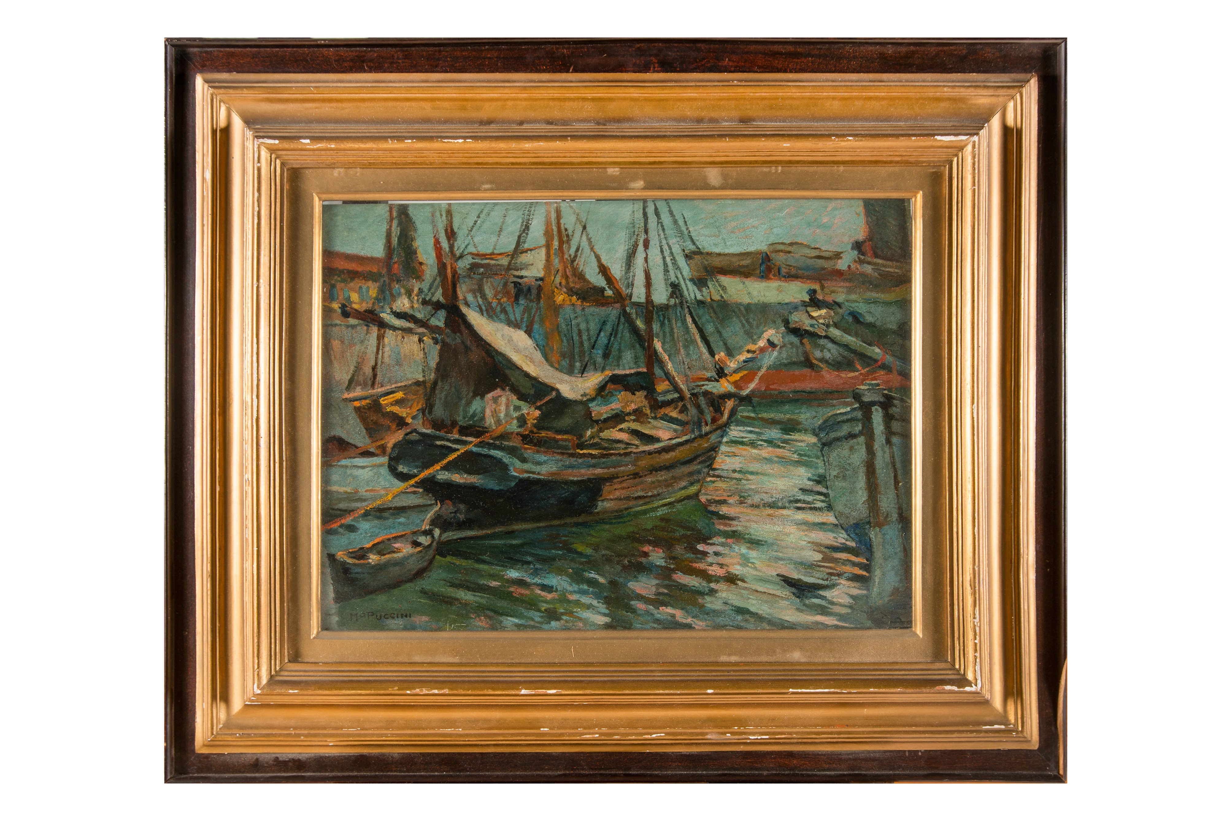 Artwork by Mario Puccini, Barche nel porto., Made of oil on cardboard