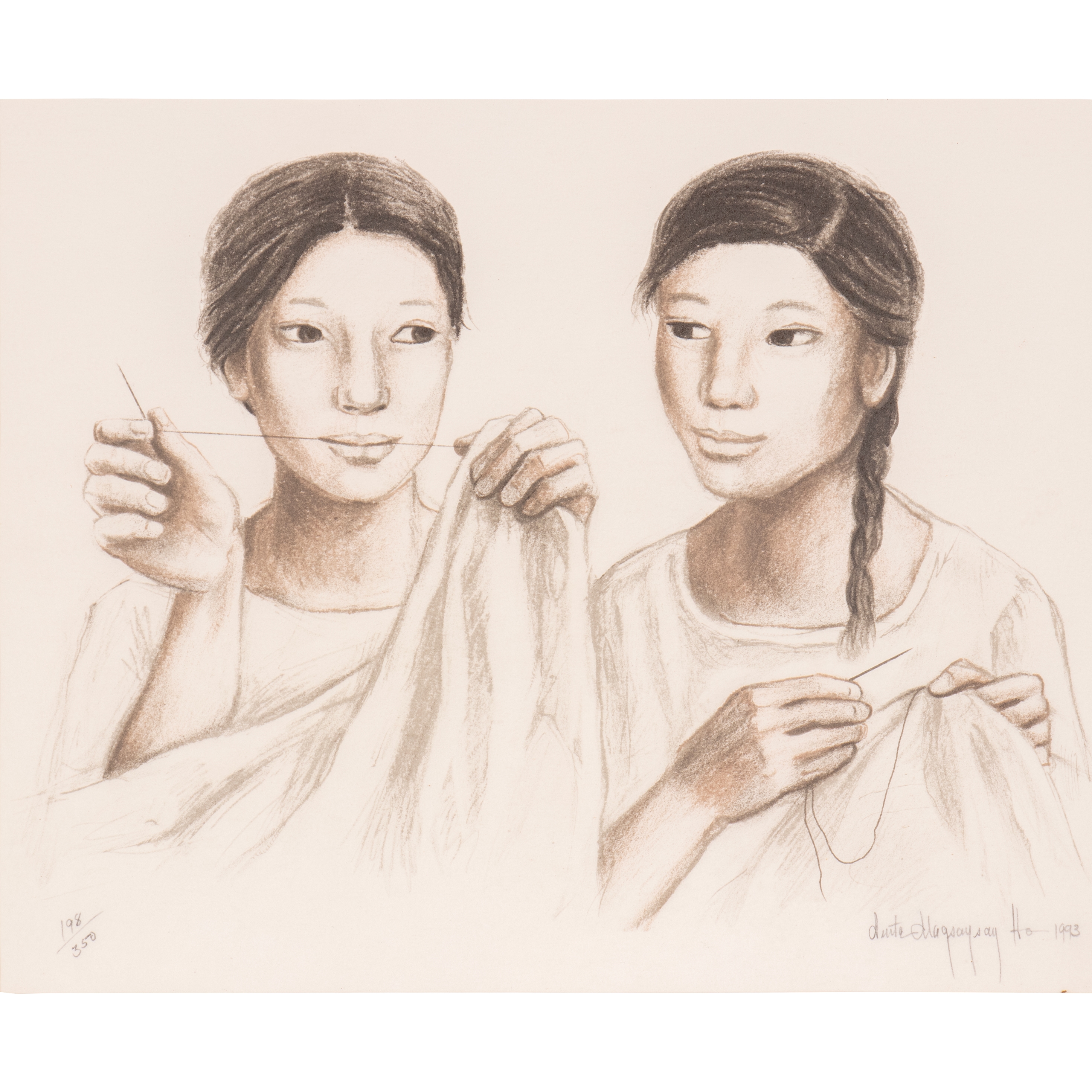 Artwork by Anita Magsaysay-Ho, Untitled (Sewing Ladies), Made of Lithograph