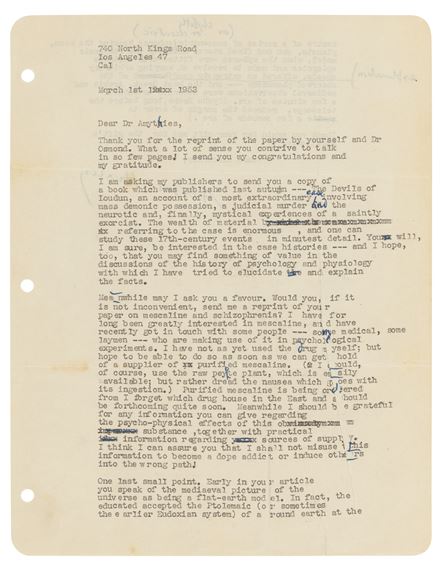 Three typed letters signed (‘Aldous Huxley’, ‘Aldous’) to J.R. Smythies, 740 North Kings Road, Los Angeles, 1 March 1953 – 1 February 1955 - Aldous Huxley