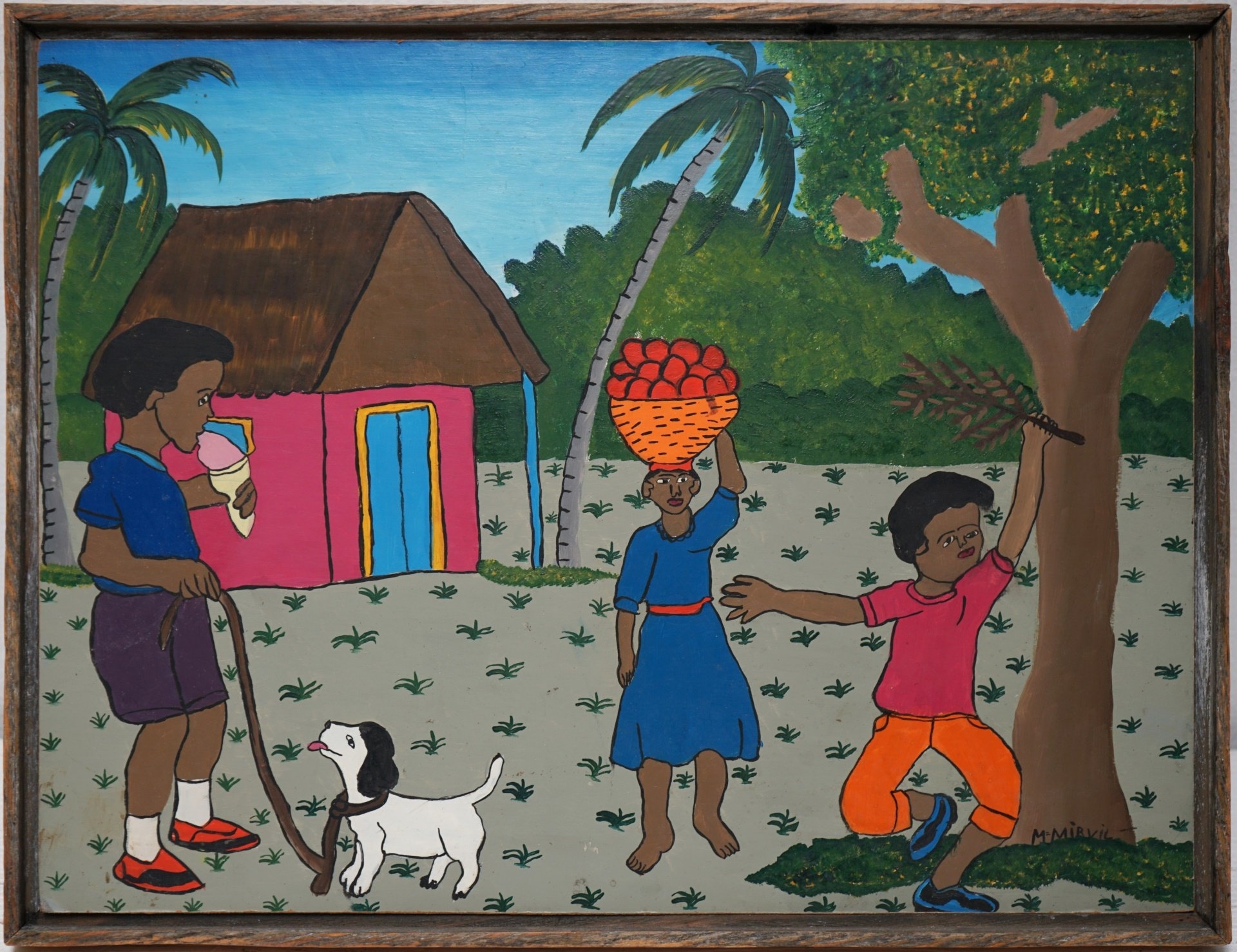 Artwork by Madeline Mirvil, Boy with Dog Holding Ice Cream With House and Other Figures, Made of Oil on masonite