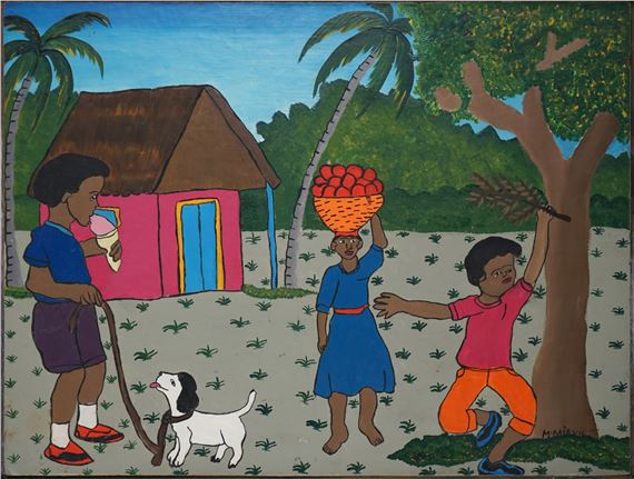 Boy with Dog Holding Ice Cream With House and Other Figures by Madeline Mirvil, 1930