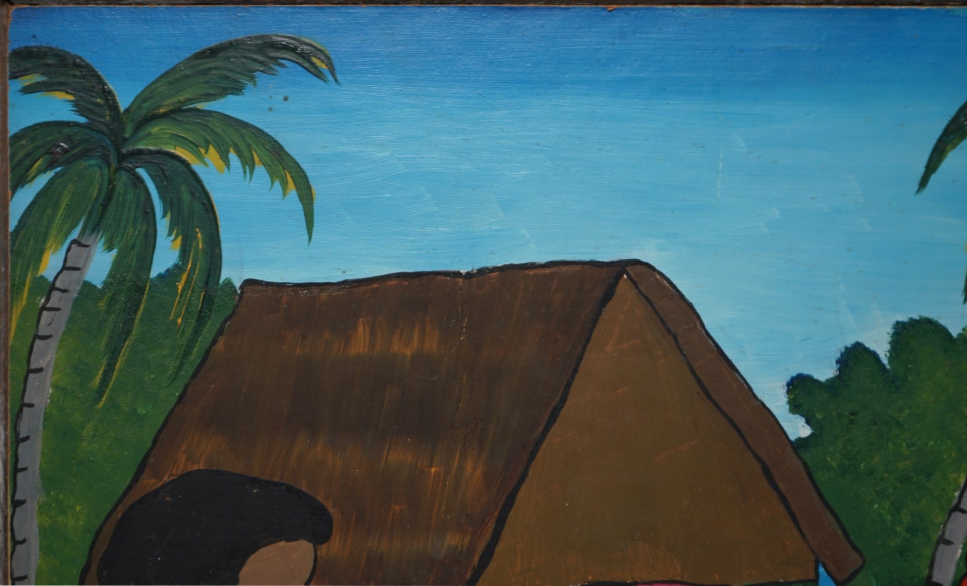 Artwork by Madeline Mirvil, Boy with Dog Holding Ice Cream With House and Other Figures, Made of Oil on masonite